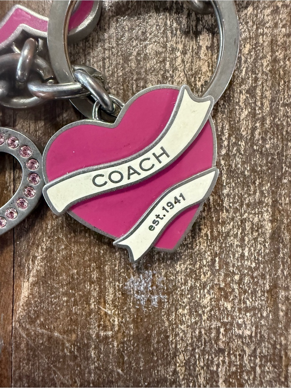 Coach Pink Heart Charm Keychain Bag Charm Rhinestone Silver Tone Multi Heart EUC - Picture 2 of 8